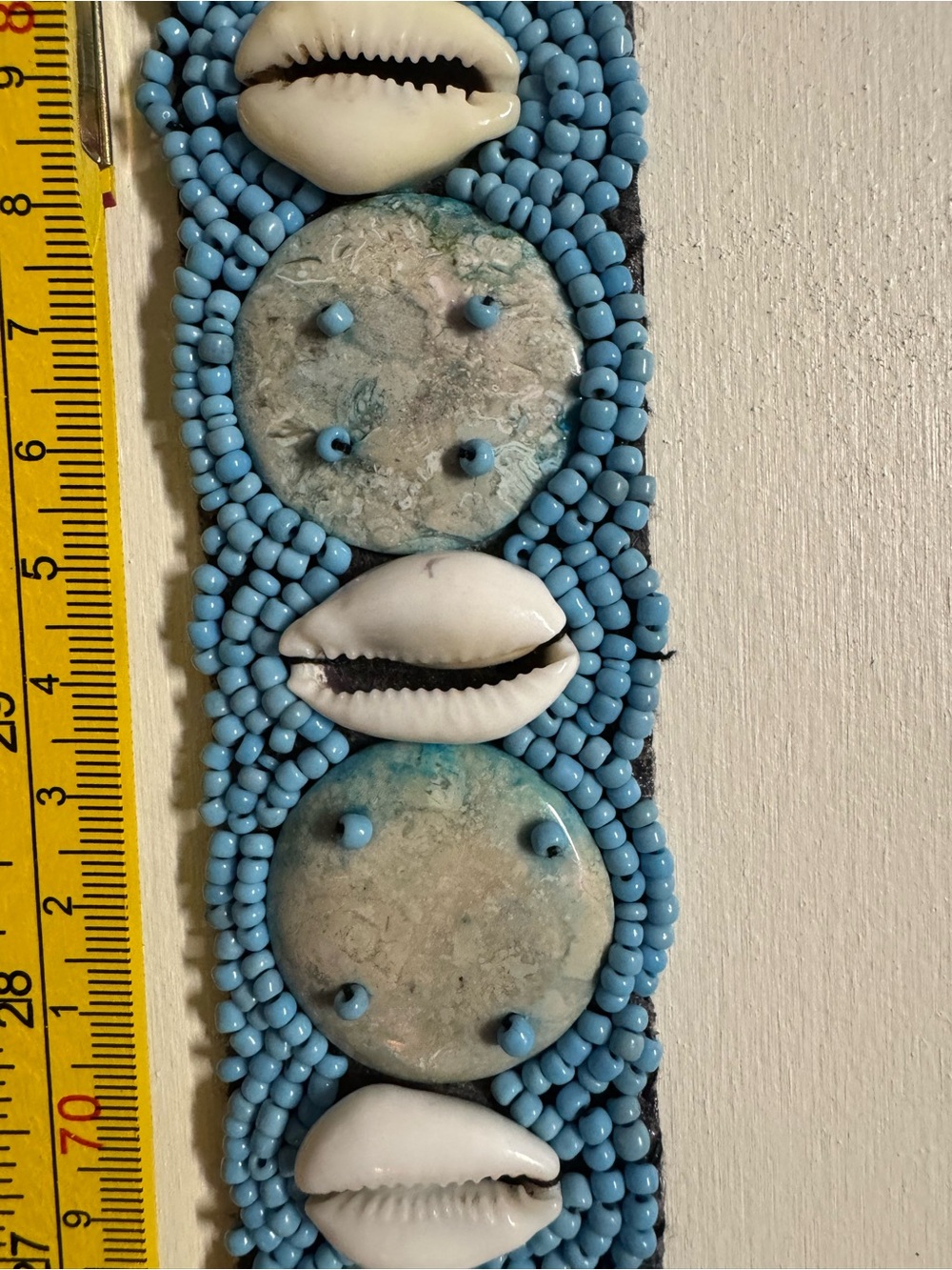 Hand Crafted Blue Beaded Shell Belt with White Cowrie Accents